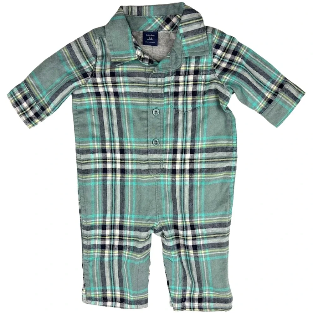 Baby Gap‎ Plaid Longall Outfit 0 3 Mos Lined Gray 1pc Romper Blue Green Collared